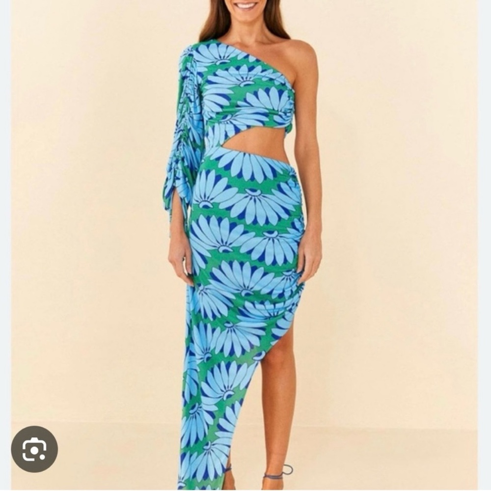 Farm RIO - Floral One-Shoulder Dress in Blue and Green